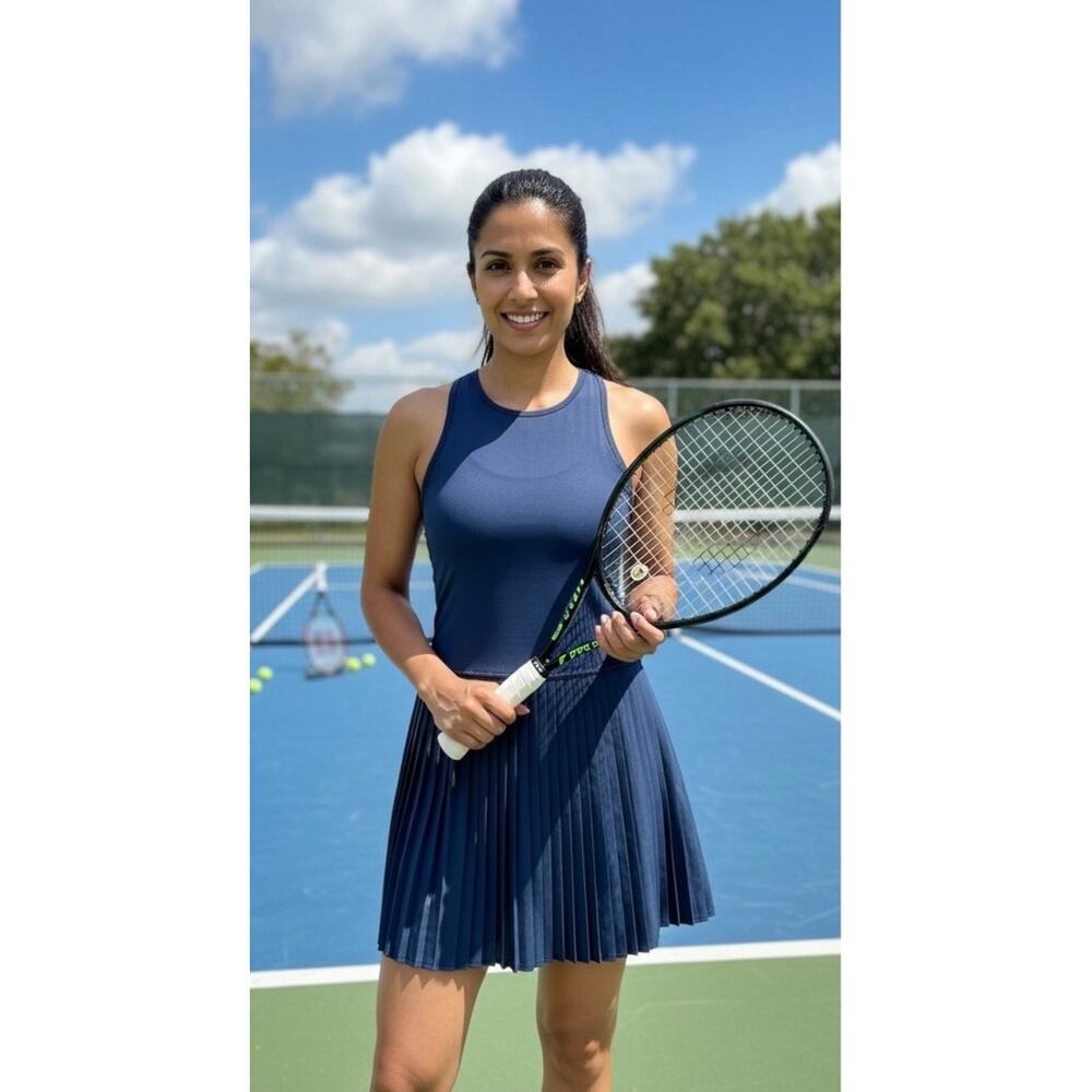 Yogalicious Lux Net Motion Dress NWT Medium Navy Pleated Tennis Athleisure Dress